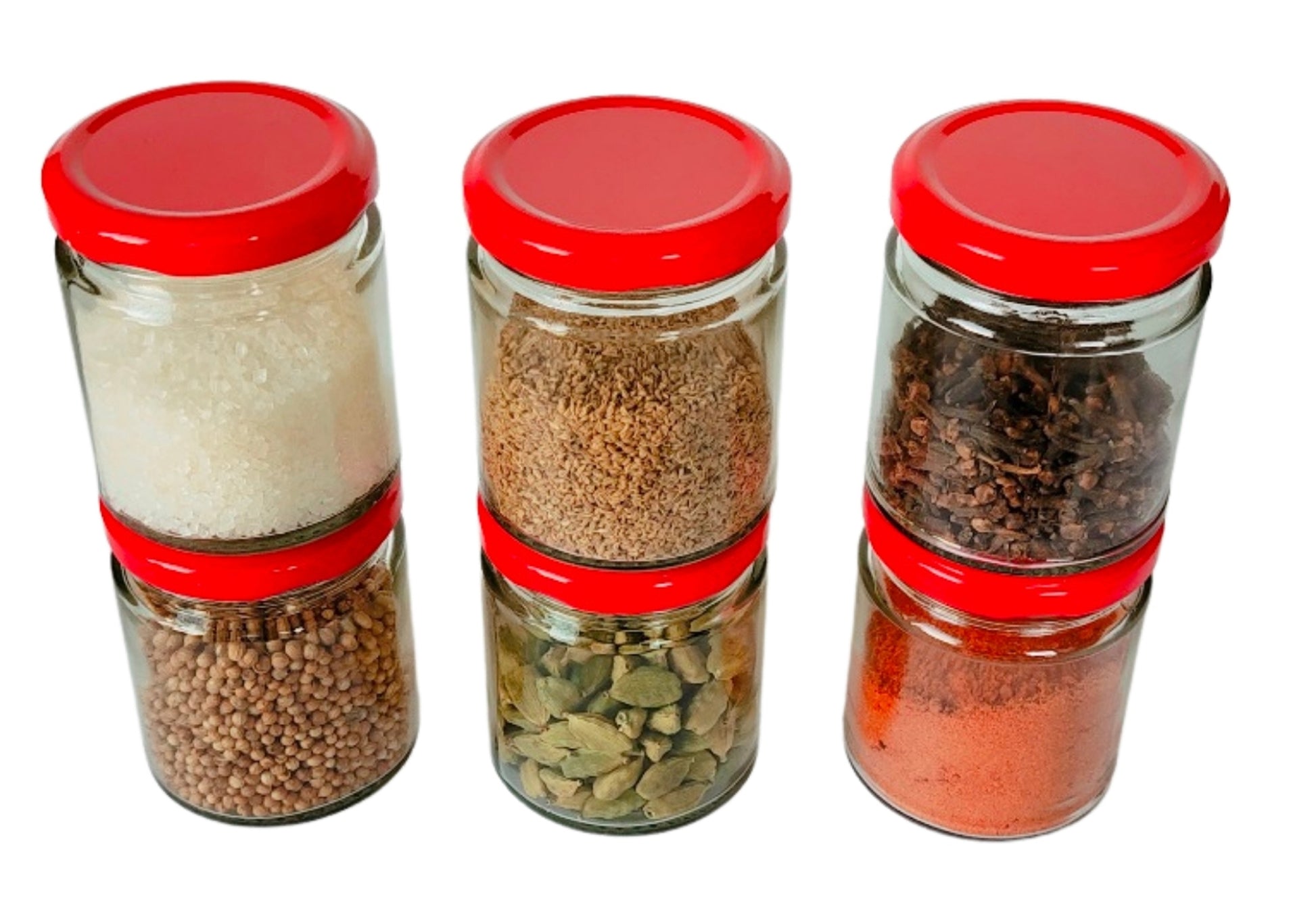 Short Glass Jars with Red Round cap front & upper view set of 6