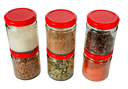 Short Glass Jars with Red Round cap front & upper view set of 6
