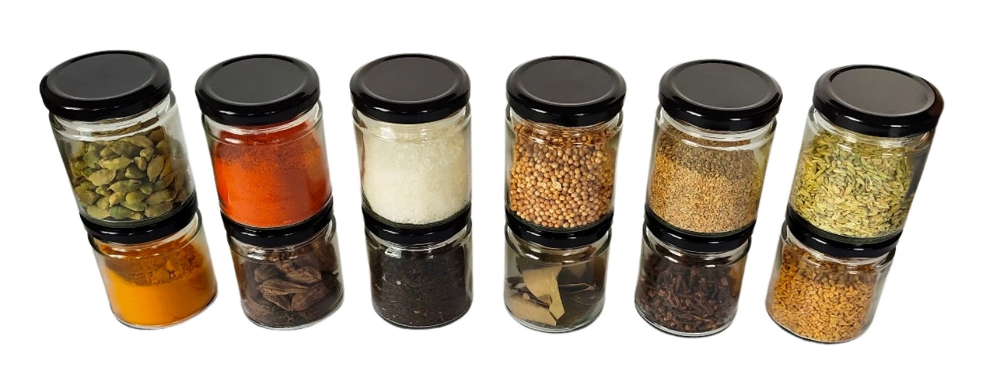 Short Glass Jars with Black Round cap front view set of 6