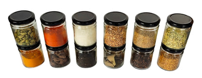 Short Glass Jars with Black Round cap front view set of 6