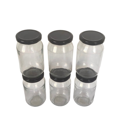 Glass Jars with Black Round cap front & Upper view set of 6