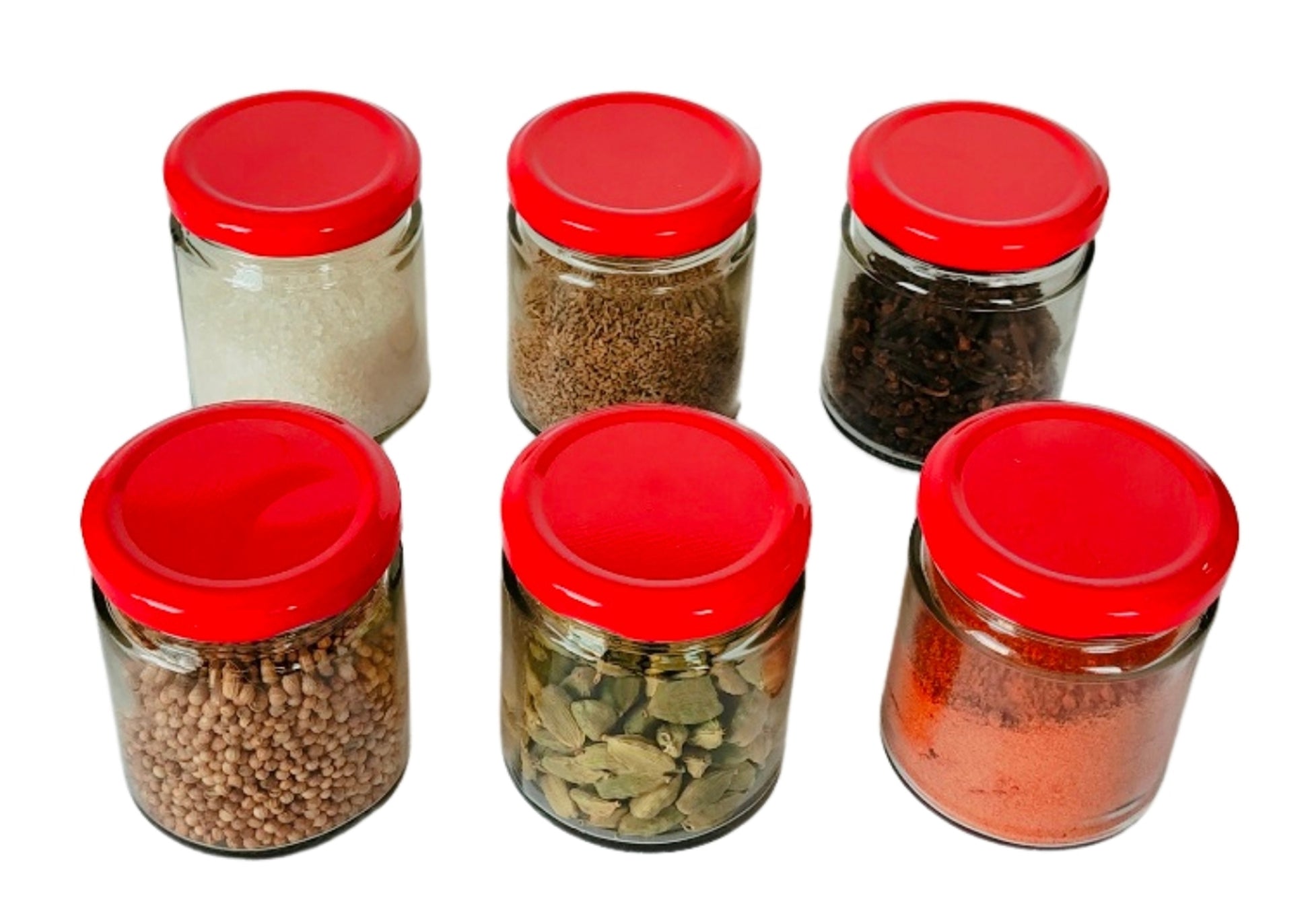 Short Glass Jars with Red Round cap front & upper view set of 6