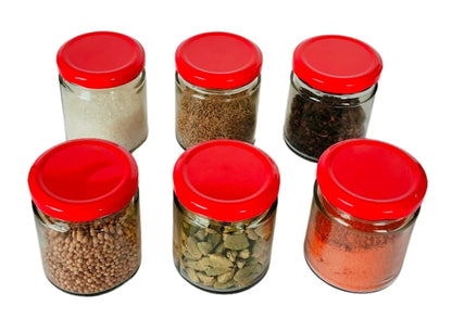 Short Glass Jars with Red Round cap front & upper view set of 6