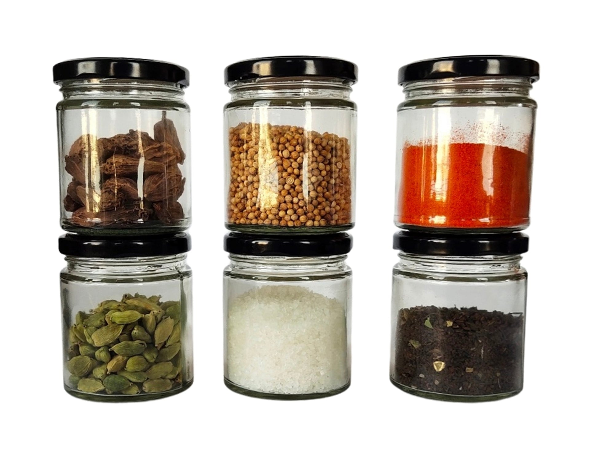 Short Glass Jars with Black Round cap front view set of 6