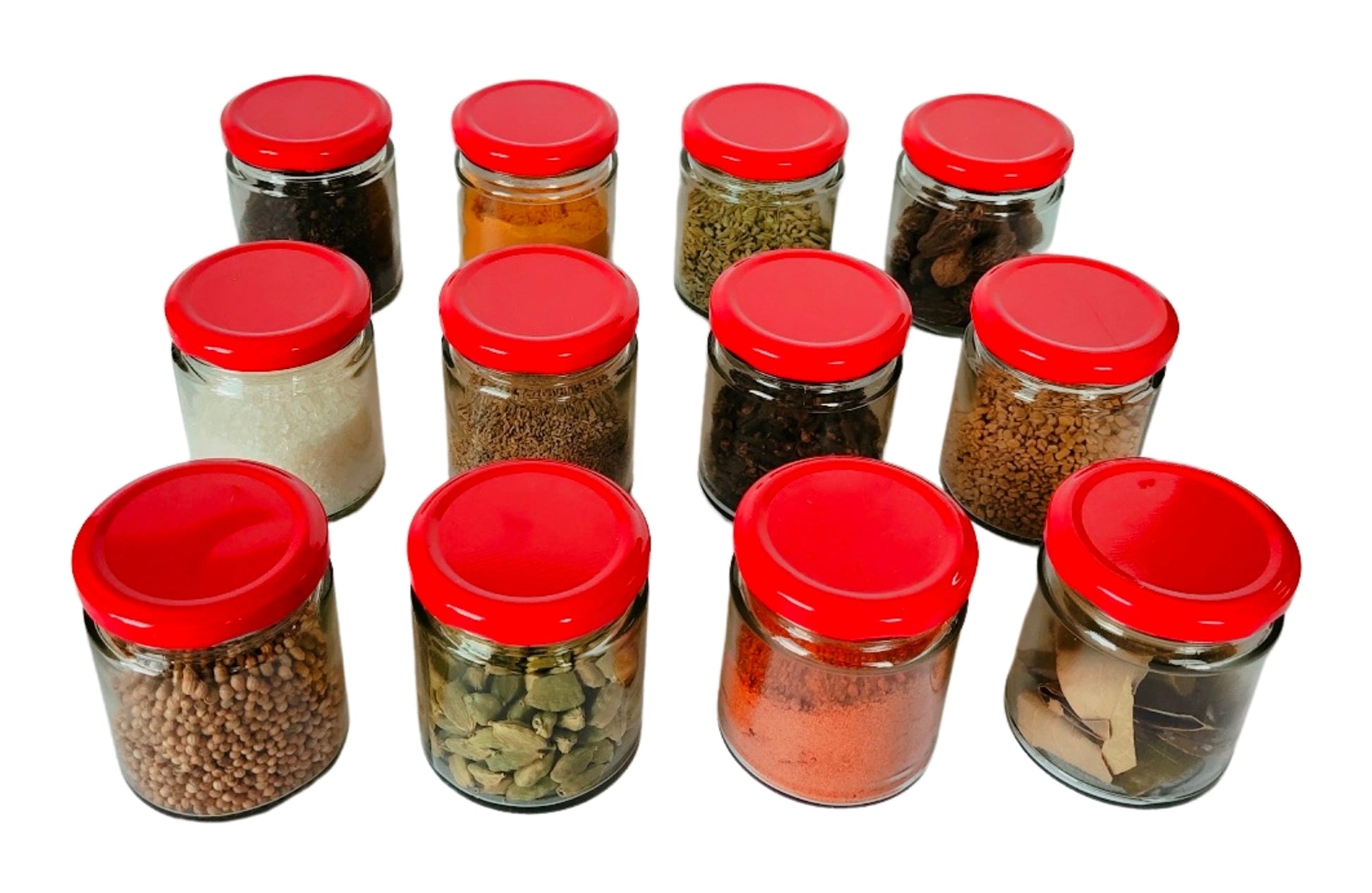 Short Glass Jars with Red Round cap front & upper view set of 12