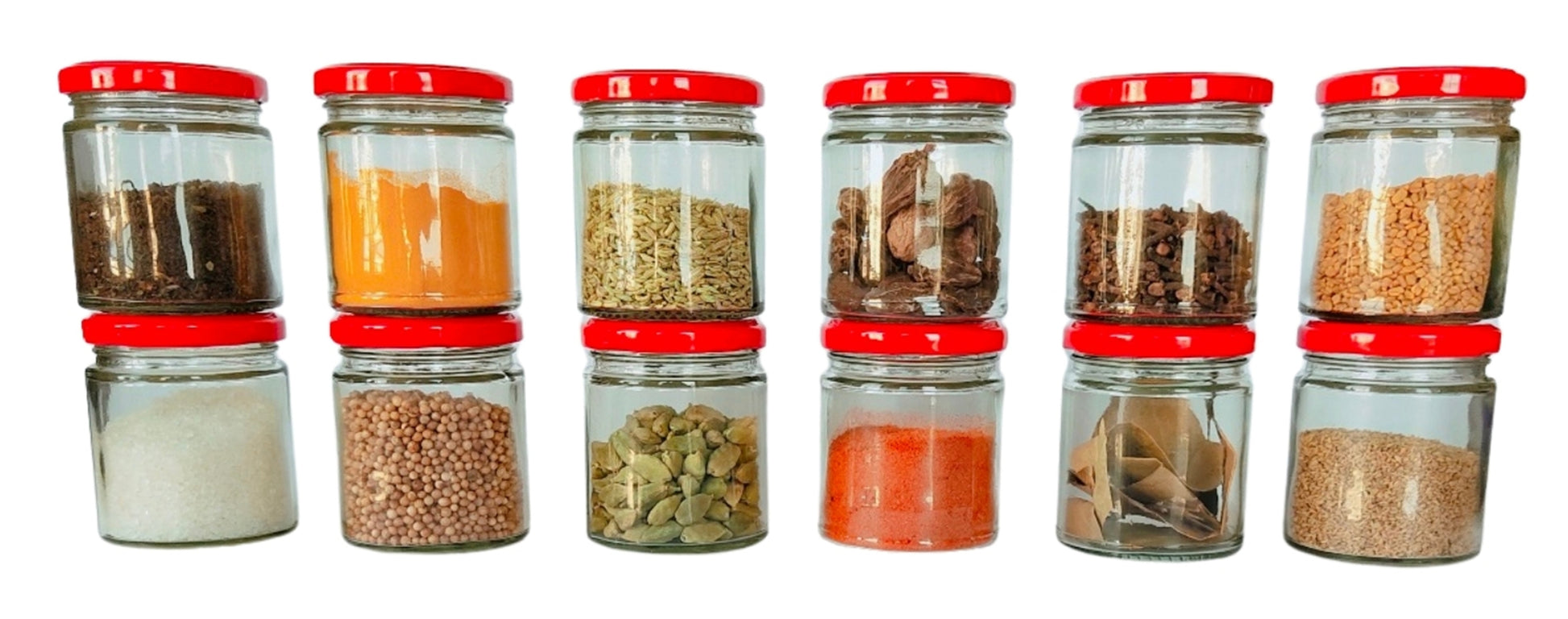 Short Glass Jars with Red Round cap front view set of 12