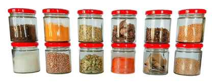 Short Glass Jars with Red Round cap front view set of 12