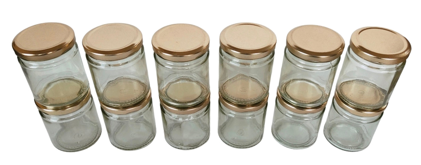Short 200 ml Glass Mason Jars with Airtight Golden Cap Multi Purpose Jar/Pickle Jars (Set of 6)