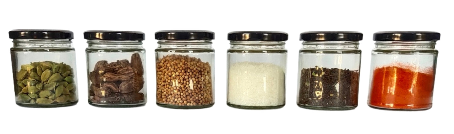 Short Glass Jars with Black Round cap front view set of 6 showing uses