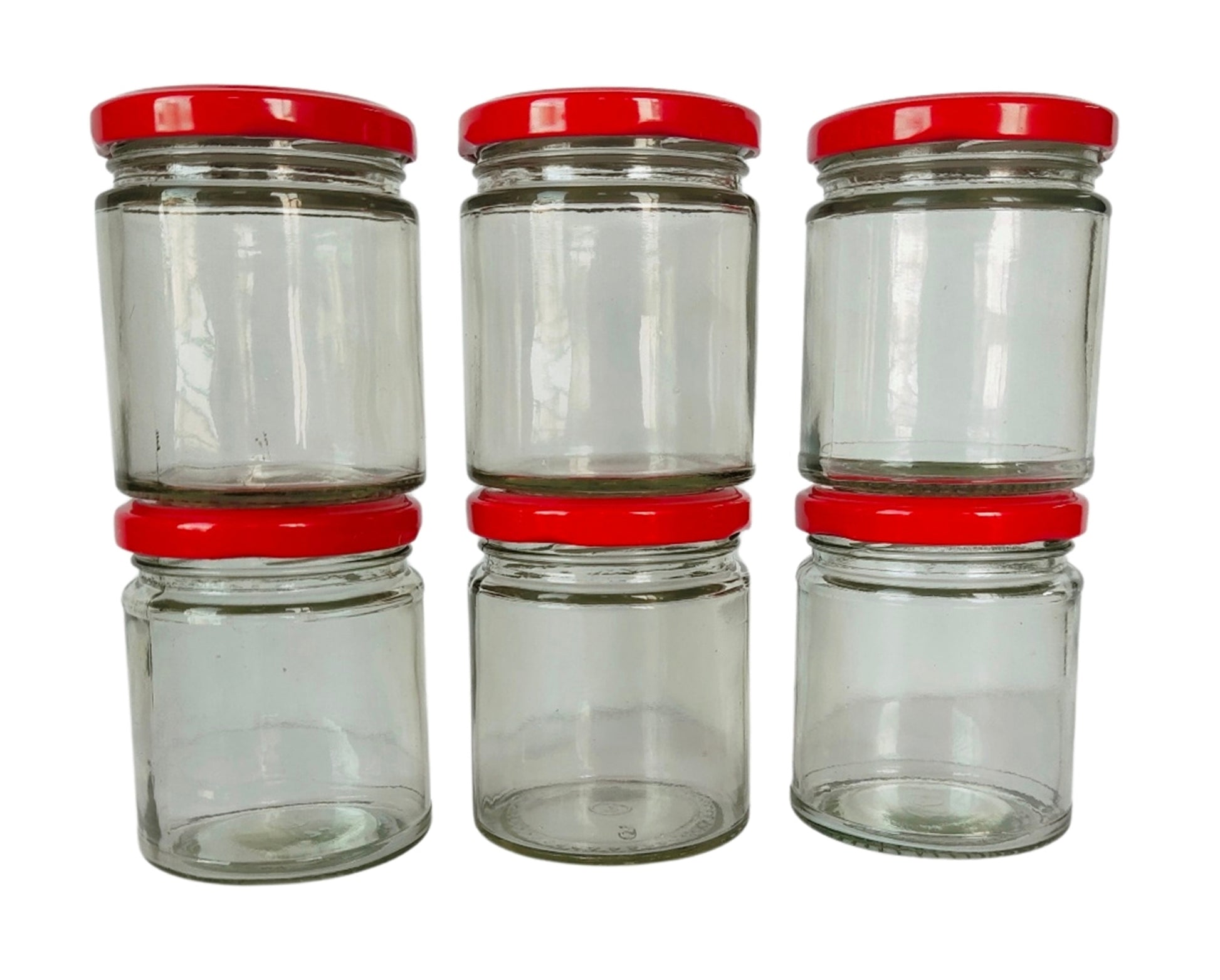 Short Glass Jars with Red Round cap front view set of 6
