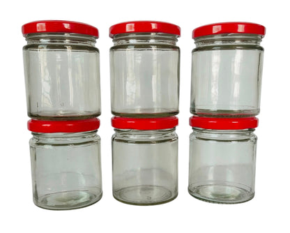 Short Glass Jars with Red Round cap front view set of 6
