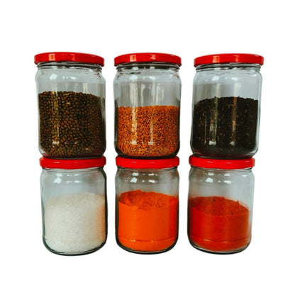 Short 500 ml Glass Mason Jars with Airtight Round Cap Multi Purpose Jar/Pickle Jars (Red, Golden & Black)
