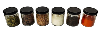 Short Glass Jars with Black Round cap front & upper view set of 6