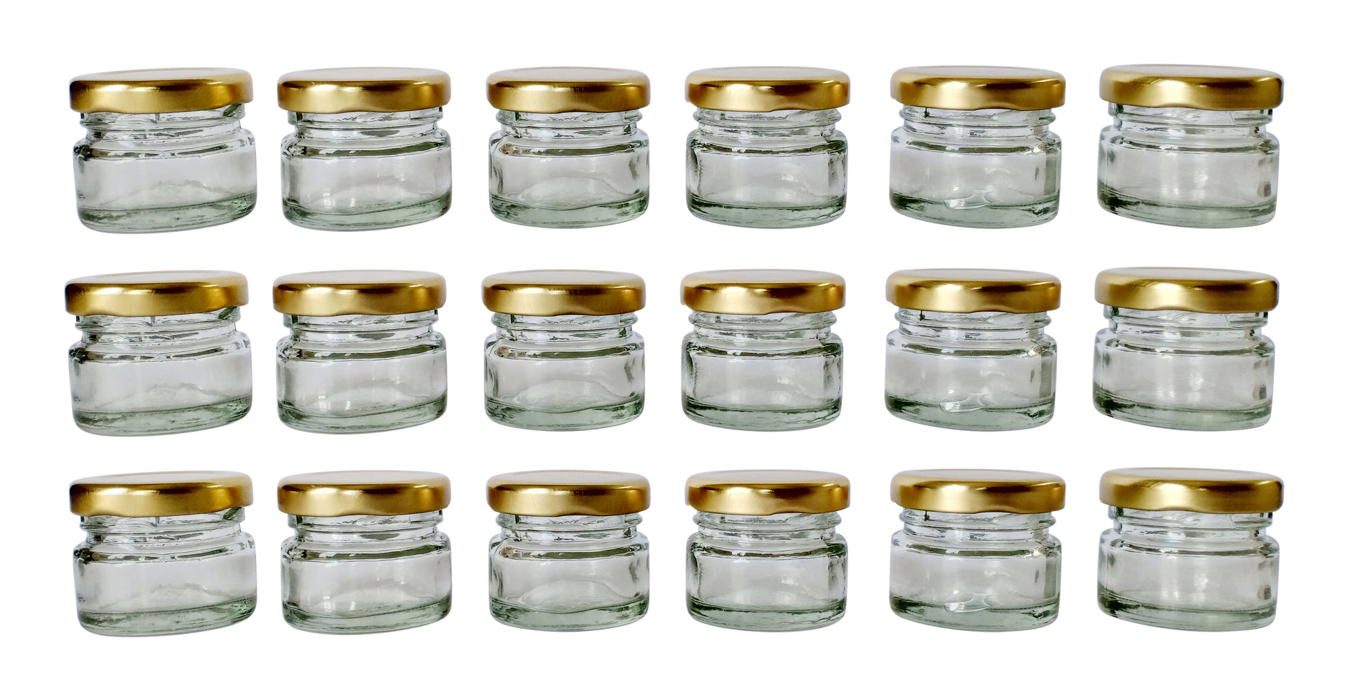 Glass Jars with golden cap set of 18 front view