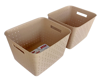Plastic Checkered Extra Large Storage Baskets Beige Colour side & upper view set of 2