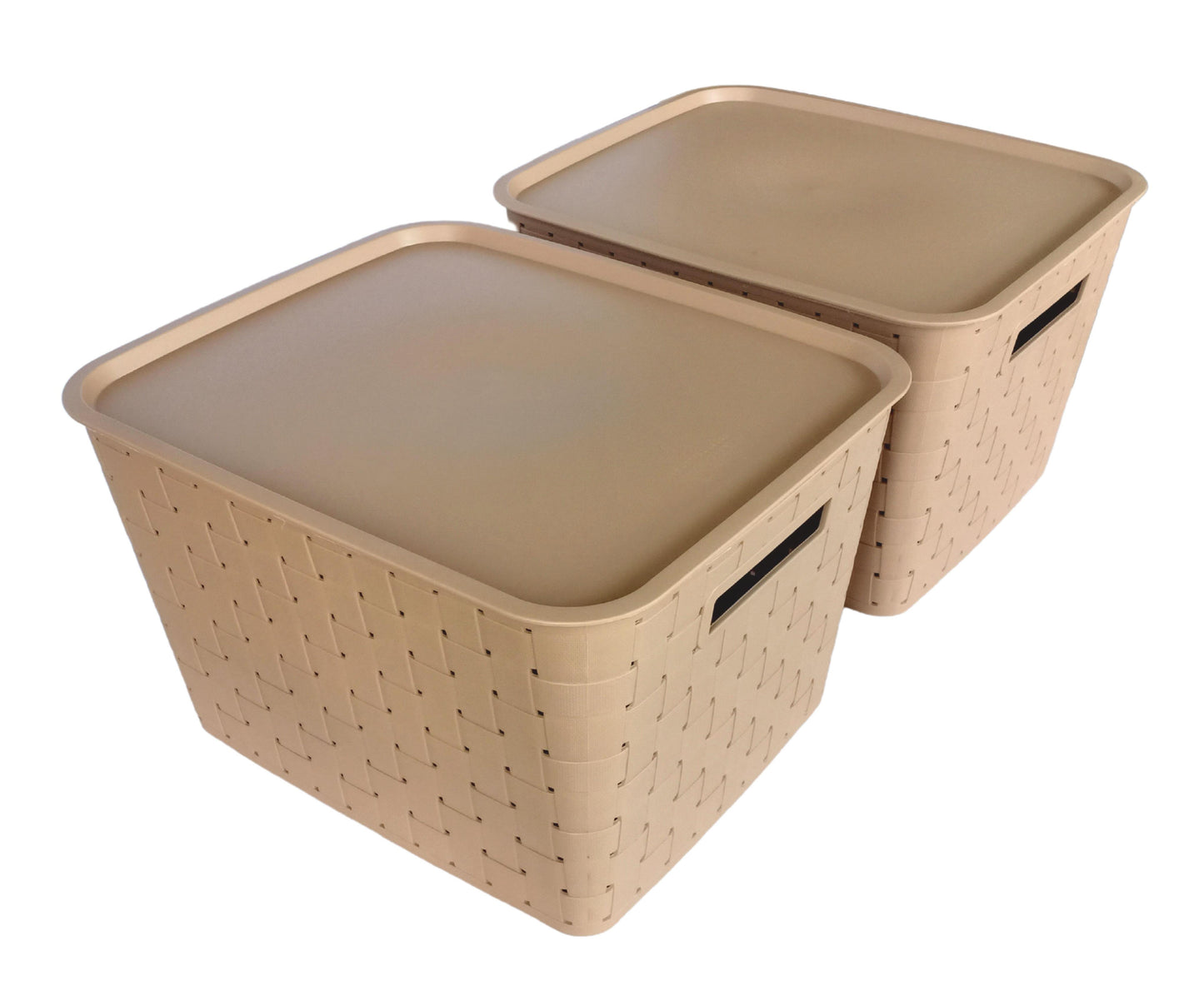 Plastic Checkered Extra Large Storage Baskets with lid Beige Colour side & upper view set of 2