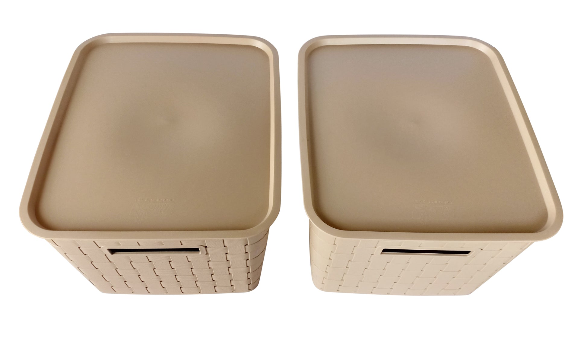 Plastic Checkered Extra Large Storage Baskets with lid Beige Colour side & upper view set of 2