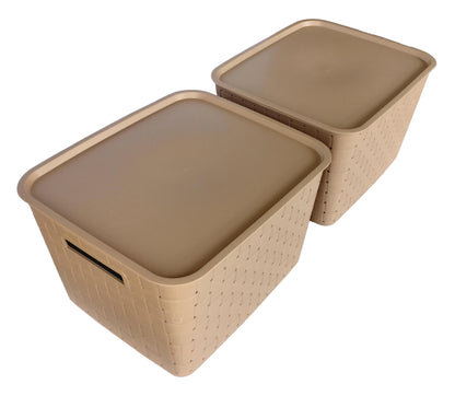 Plastic Checkered Extra Large Storage Baskets Beige Colour side & upper view with lid showing Basket size front & upper view set of 2