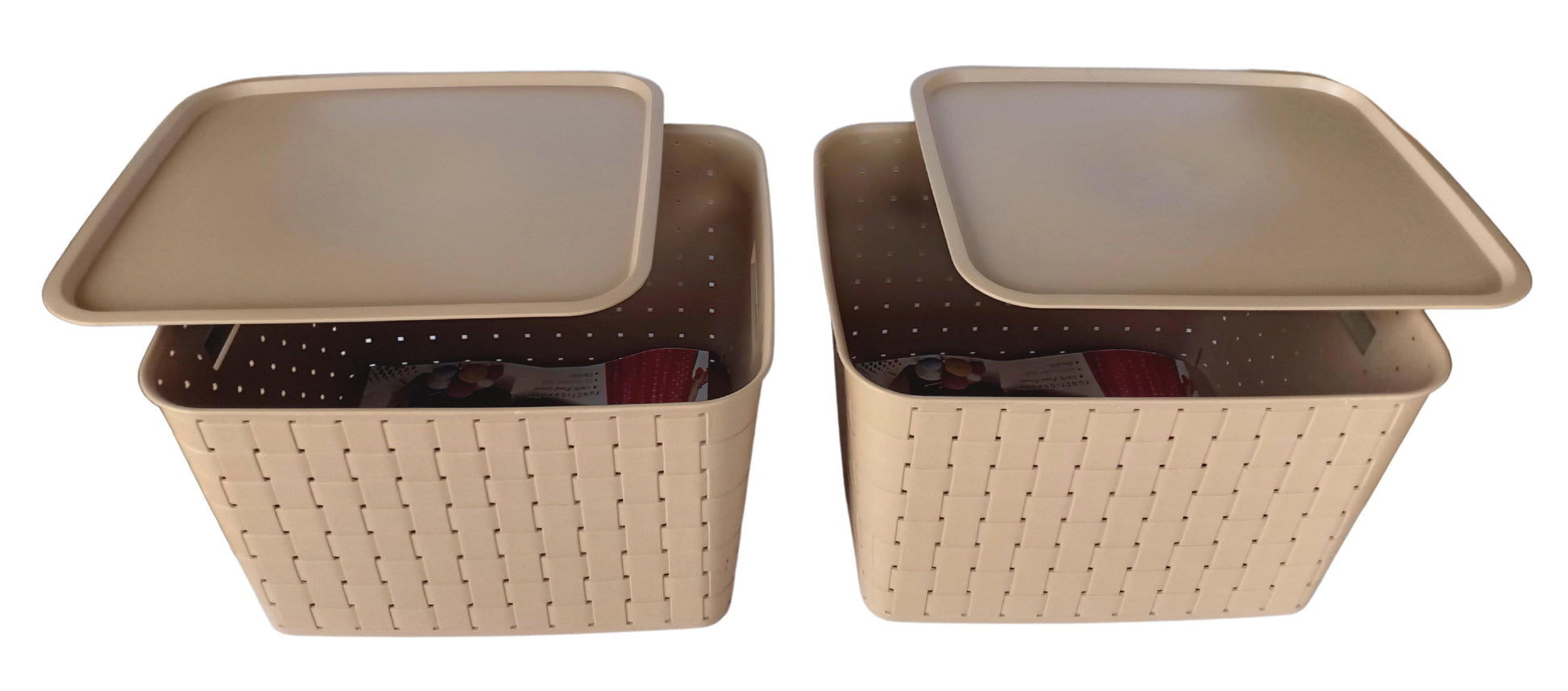 Plastic Checkered Extra Large Storage Baskets Beige Colour side & upper view with lid front & upper view set of 2