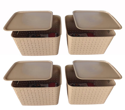 Plastic Checkered Extra Large Storage Baskets Beige Colour Size 35 x 30 x 23 cm with lid
