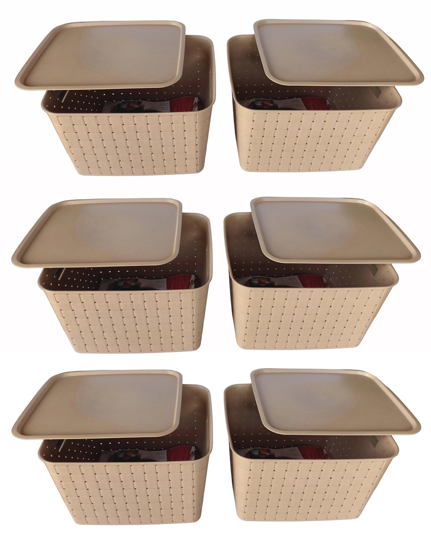 Plastic Checkered Extra Large Storage Baskets Beige Colour Size 35 x 30 x 23 cm with lid