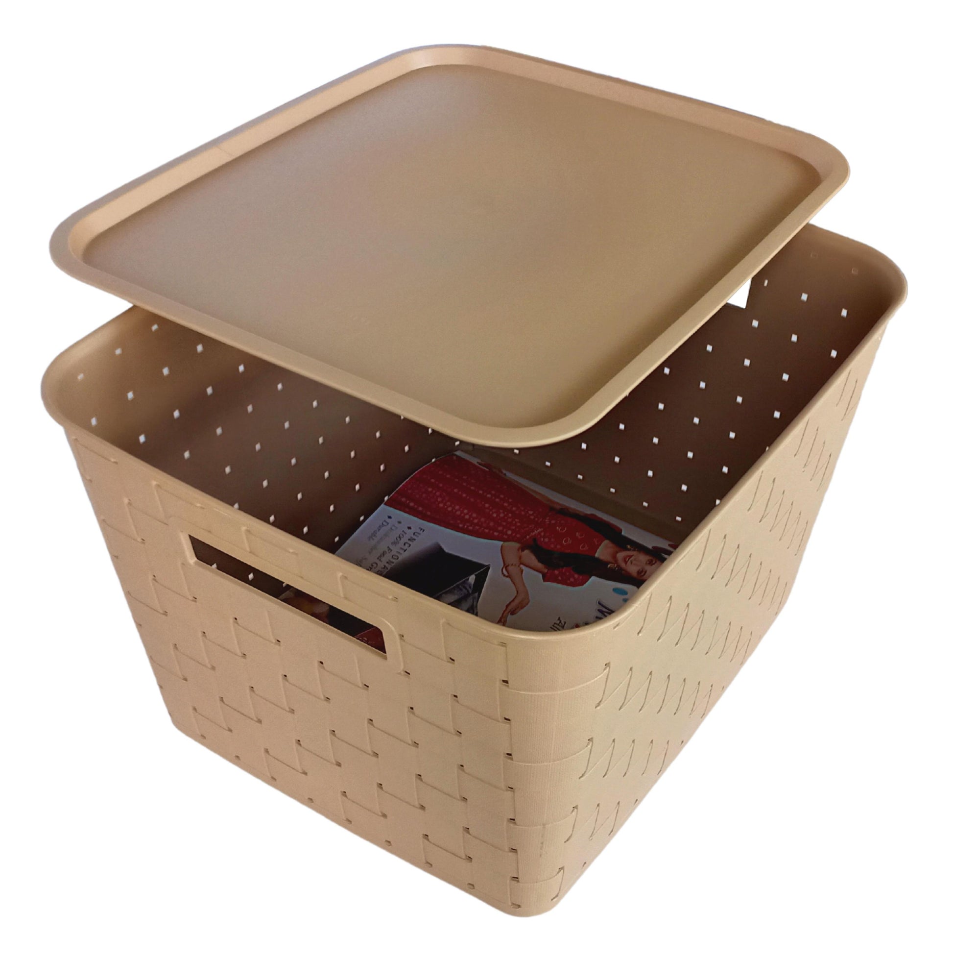 Plastic Checkered Extra Large Storage Baskets with lid  Beige Colour side & upper view 