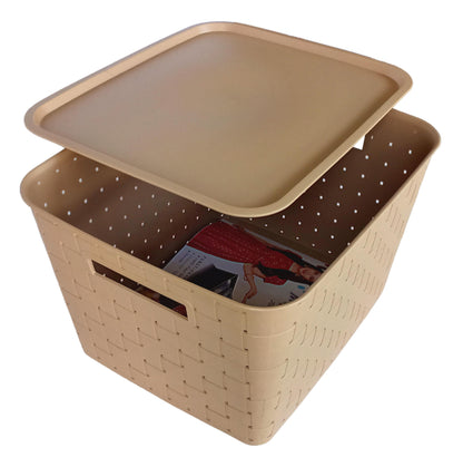 Plastic Checkered Extra Large Storage Baskets with lid  Beige Colour side & upper view 