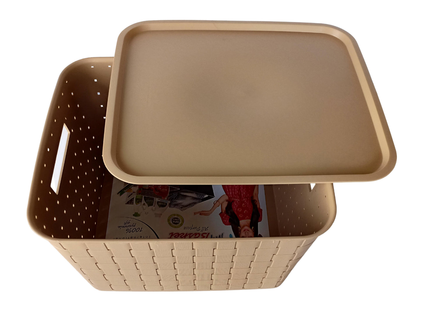Plastic Checkered Extra Large Storage Baskets with lid Beige Colour front & upper view