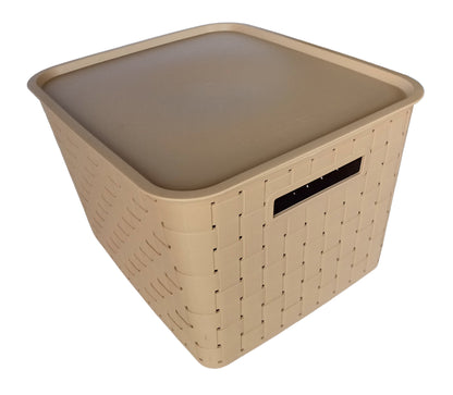Plastic Checkered Extra Large Storage Baskets with lid Beige Colour side & upper view