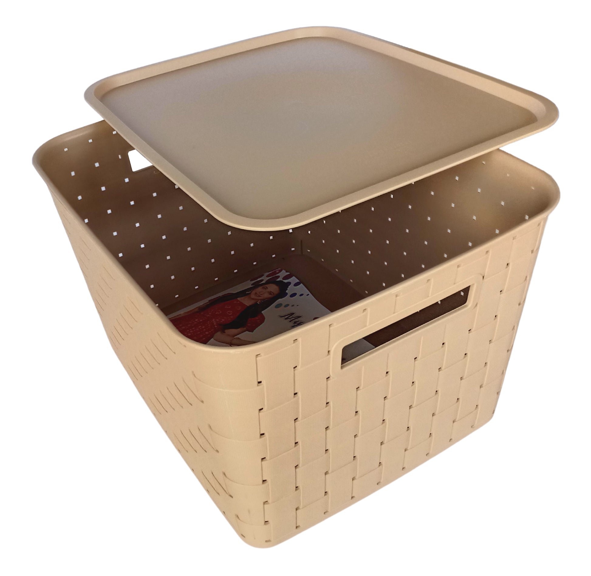 Plastic Checkered Extra Large Storage Baskets with lid Beige Colour side & upper view
