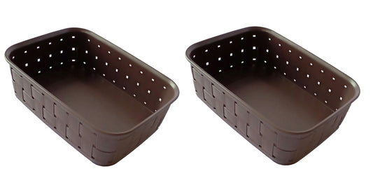 Plastic Checkered Small Storage Basket without lid Chocolate Brown front & upper view  set of 2