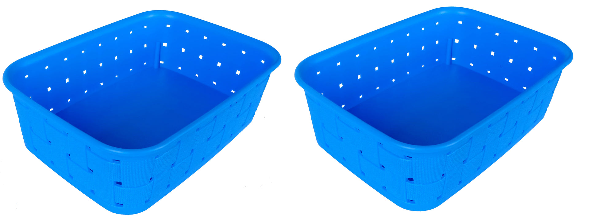 Plastic Checkered Small Storage Basket without lid Ocean Blue Colour side & upper view set of 2