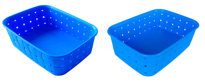 Plastic Checkered Small Storage Basket without lid Ocean Blue Colour side & upper view set of 2