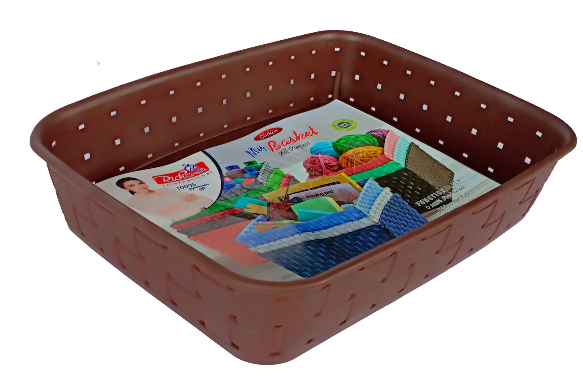 Plastic Checkered Small Storage Basket without lid Chocolate Brown side & upper view