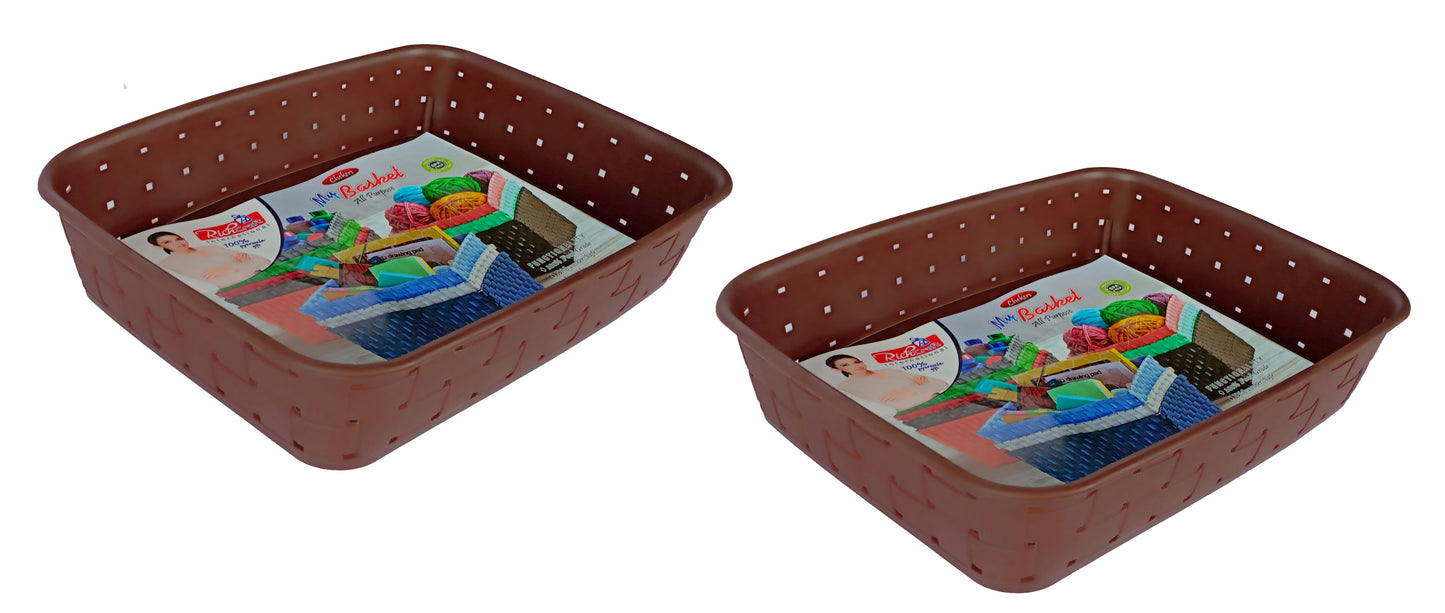 Plastic Checkered Small Storage Basket without lid Chocolate Brown side & upper view set of 2