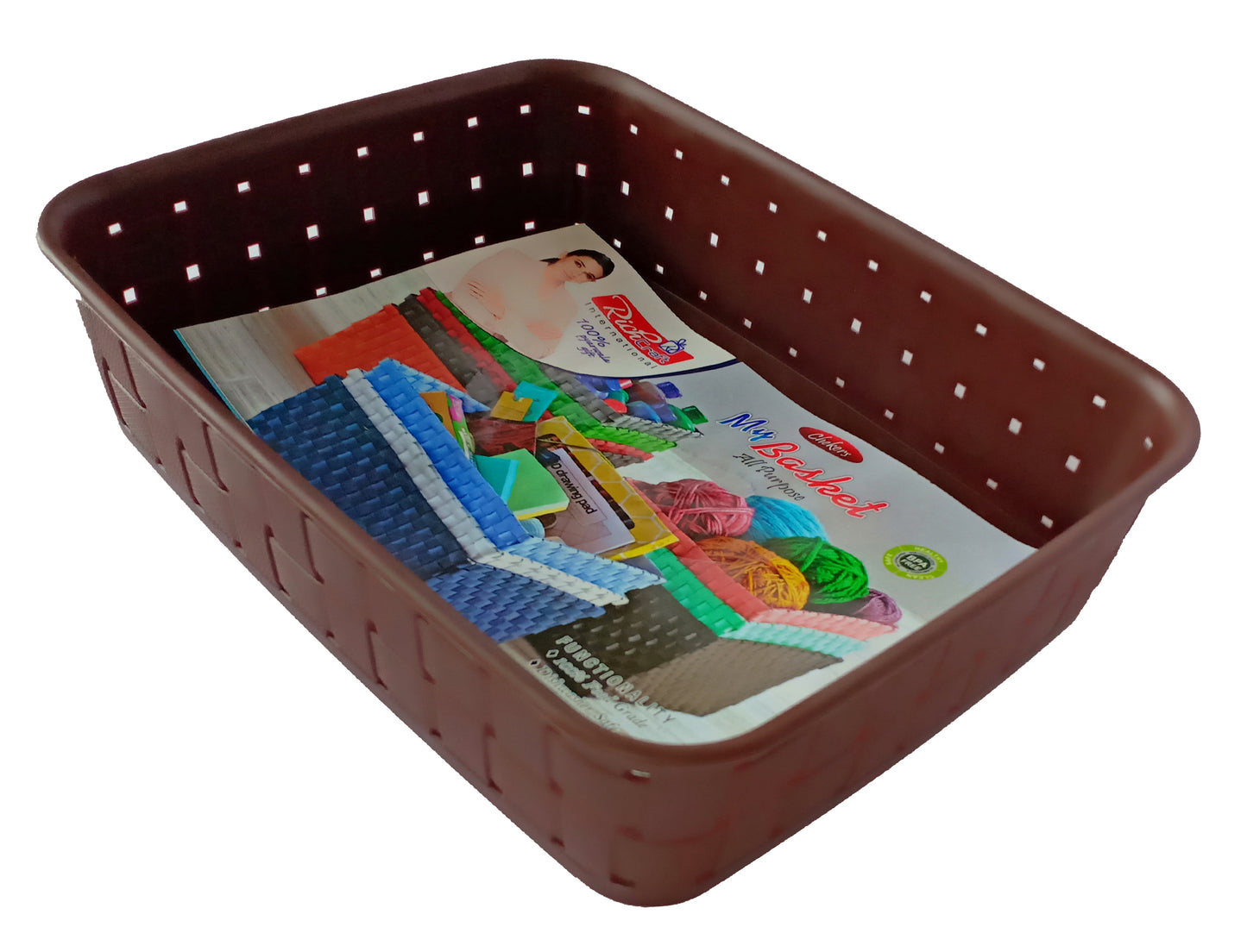 Plastic Checkered Small Storage Basket without lid Chocolate Brown front & upper view