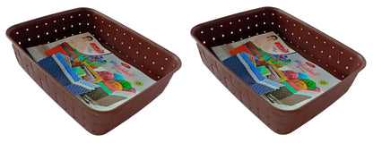 Plastic Checkered Small Storage Basket without lid Chocolate Brown front & upper view set of 2