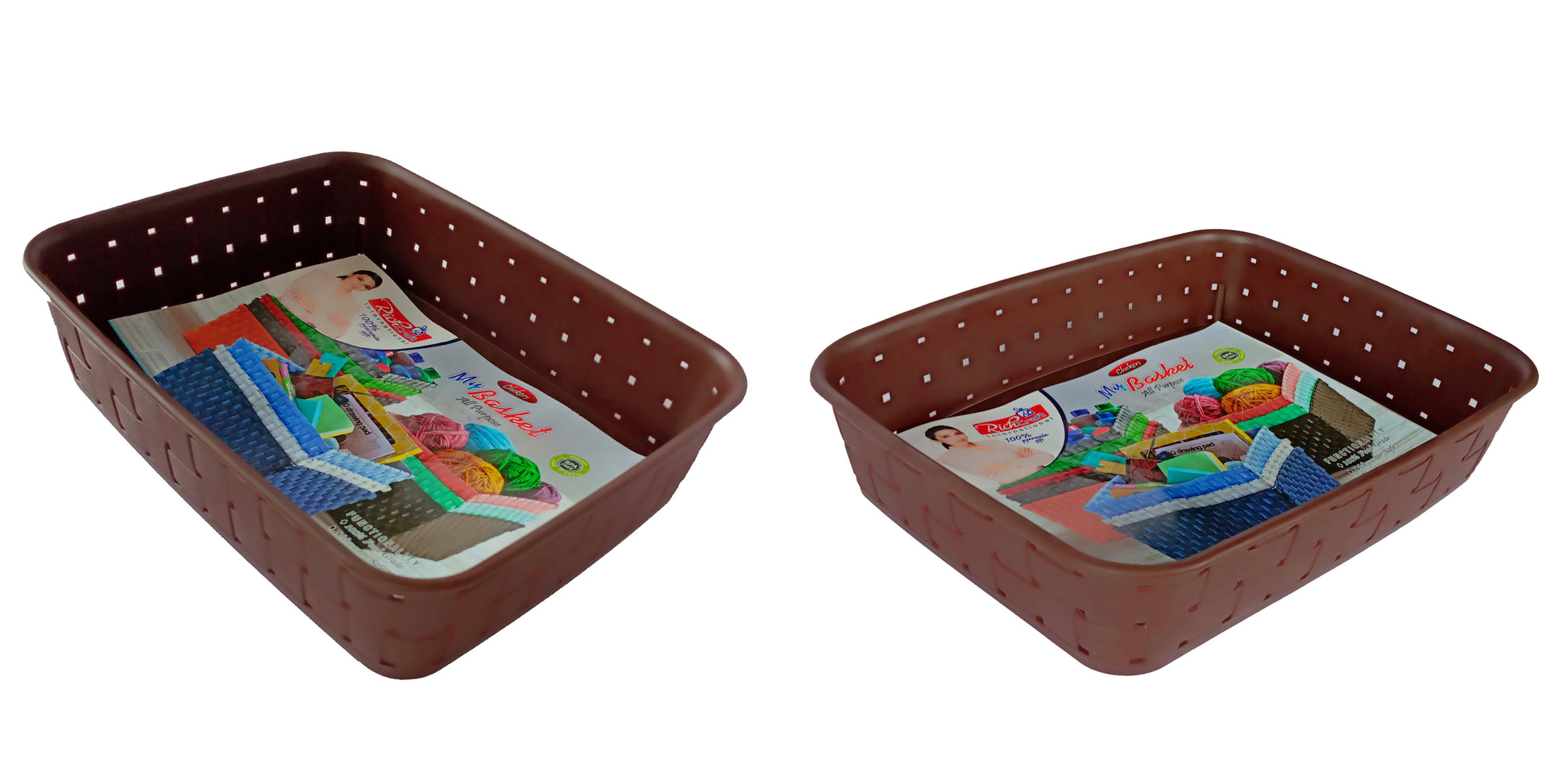 Plastic Checkered Small Storage Basket without lid Chocolate Brown front & upper view set of 2