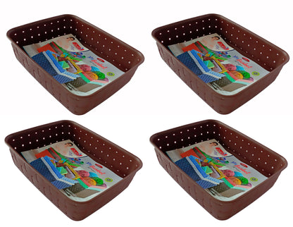 Plastic Checkered Small Storage Basket without lid Chocolate Brown side & upper view set of 4