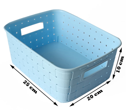 Plastic Checkered Medium Storage Basket without  lid Sky Blue Colour showing basket size